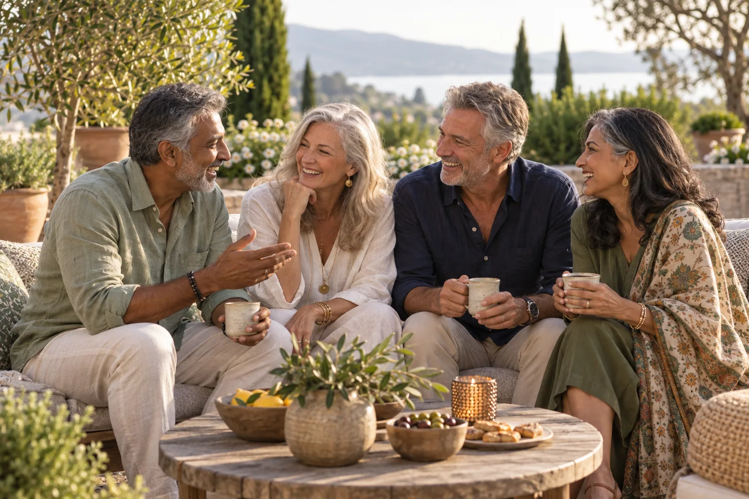 Men and women over 50 enjoying a conversation on a garden terrace