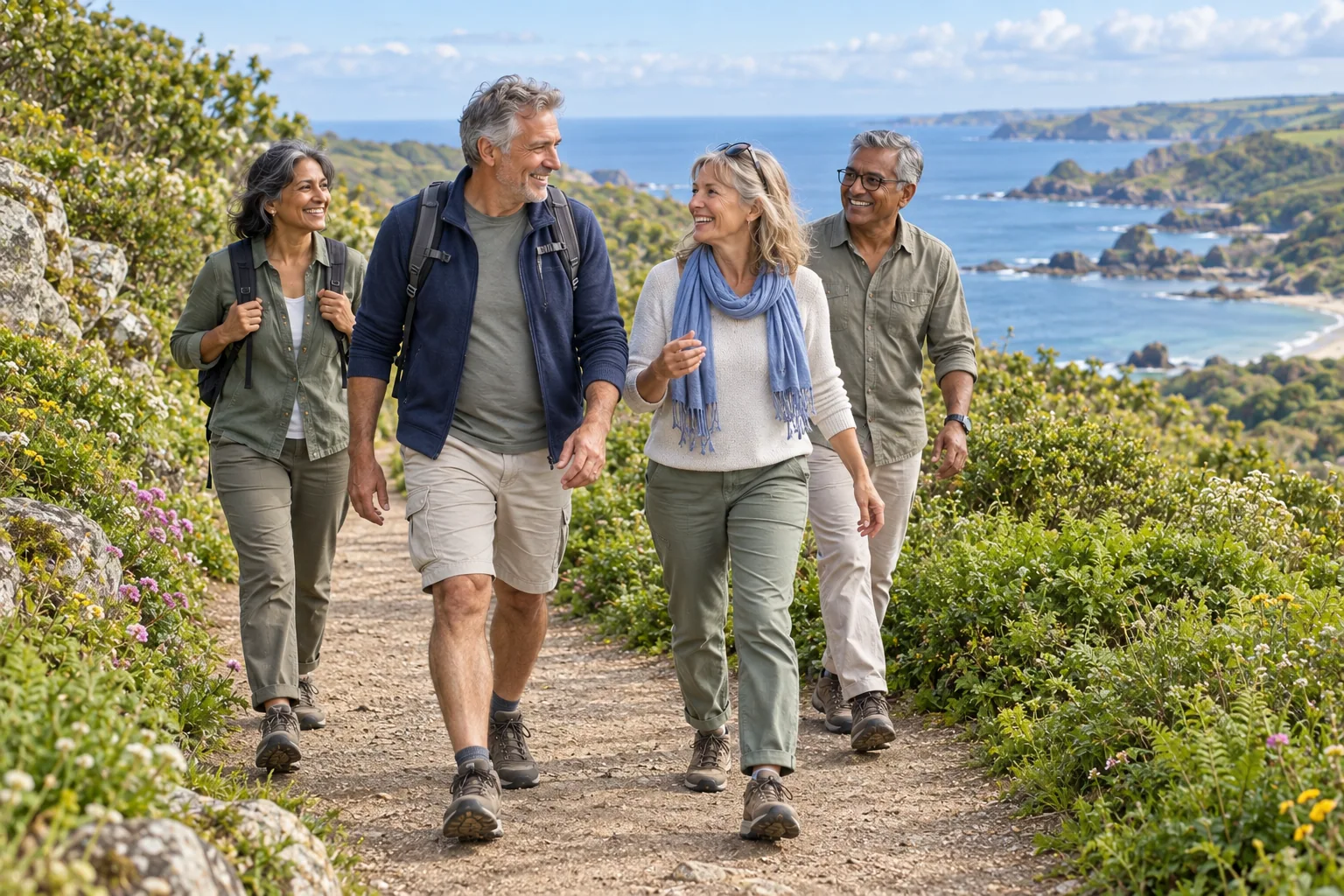 Men and women enjoying a coastal walk together
